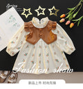 Baby girl spring dress with padded vest detail, patchwork skirt, toddler & little girl printed princess dress, casual long sleeve dress for girls
