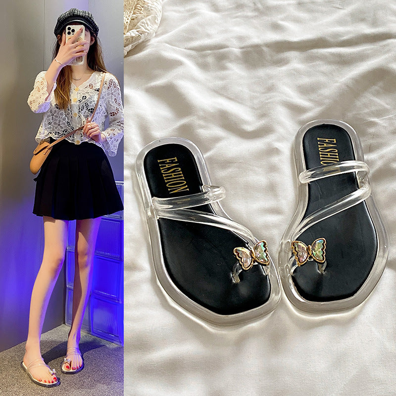 Summernew arrivalfashion crystal flip-flops women's outwear indoor non-slip popular rhinestone butterfly flip-flops