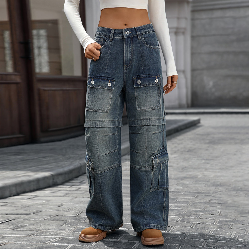 European and american cross-border women's spring/autumn new arrivals:  independent store washed heavy-duty multi-pocket denim cargo pants for women
