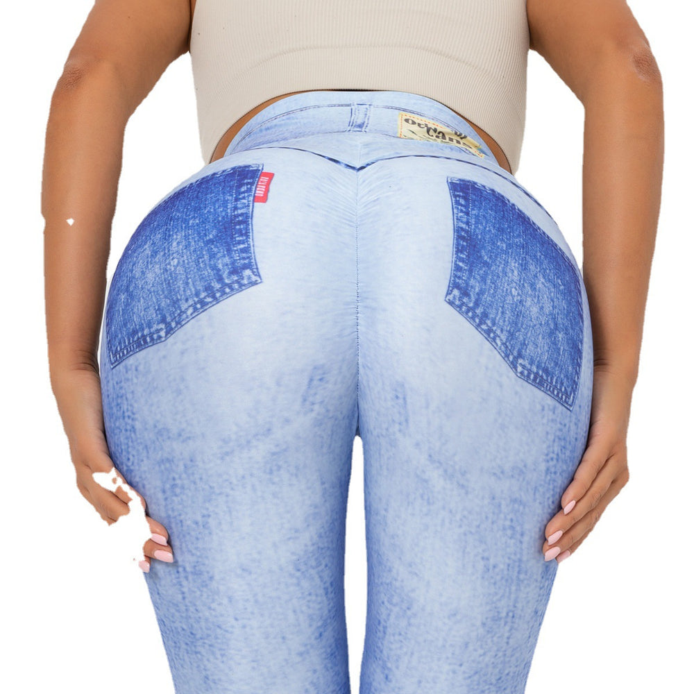 Clearance: european and american style digital print denim blue high-waisted, high-stretch, quick-dry yoga pants - women's activewear for running and fitness
