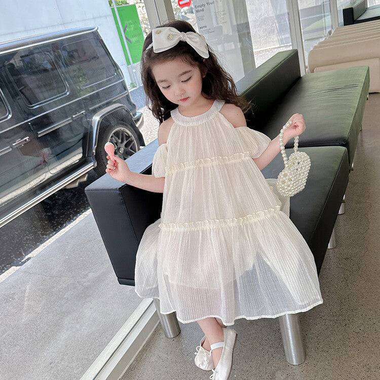 New girls' summer dress : stylish off-the-shoulder sundress for baby girls, princess-style children's formal dress