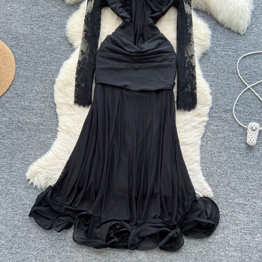 Elegant black formal dress for the modern woman: french-inspired lace, long sleeves, ruched waist, and flirty ruffle hem