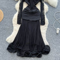 Elegant black formal dress for the modern woman: french-inspired lace, long sleeves, ruched waist, and flirty ruffle hem
