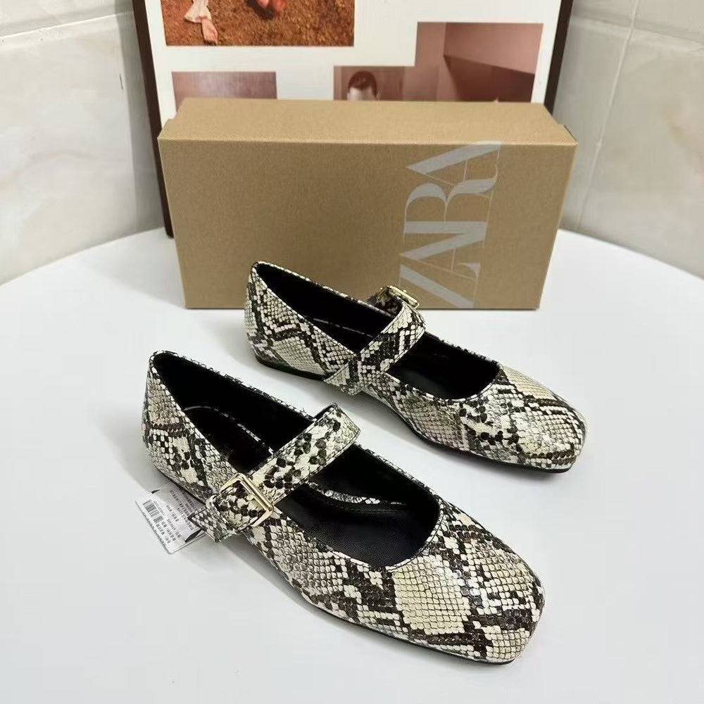 European and american style women's flat shoes - spring new arrivals: fashionable square toe snake print ankle strap mary jane ballet flats