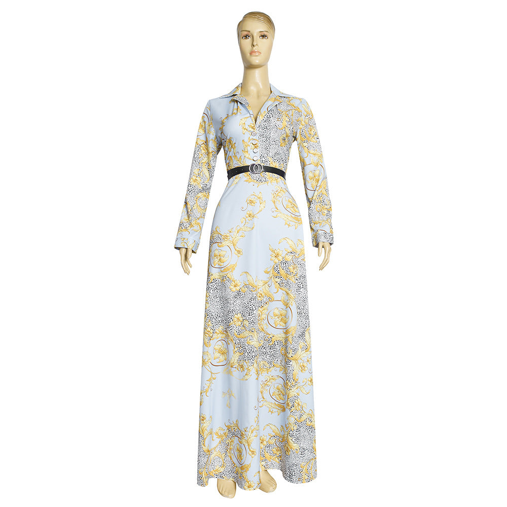 Fashion cross-border supply  plus size women's long skirt with belt african clothing printing chiffon dress