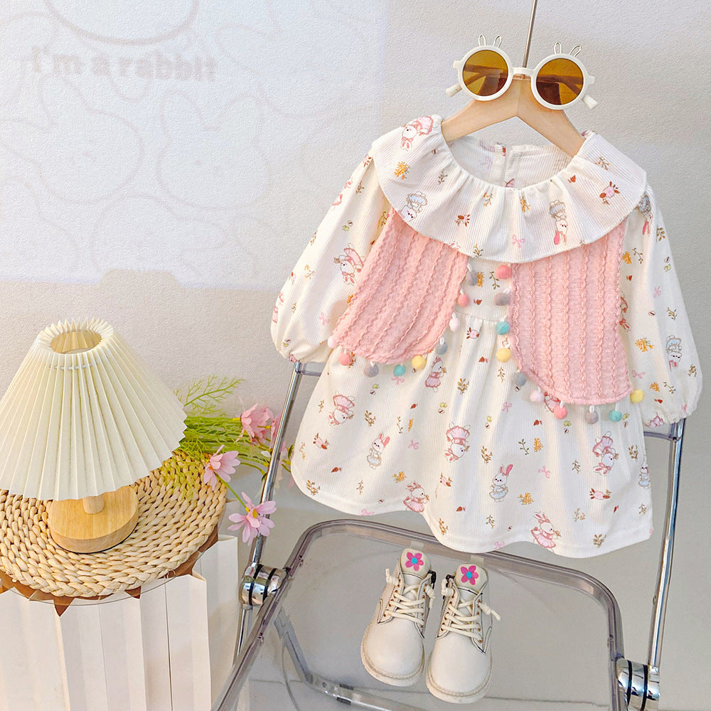 Sweet girls' dress: new autumn  collection - trendy cartoon graffiti faux two-piece dress, korean style fashion
