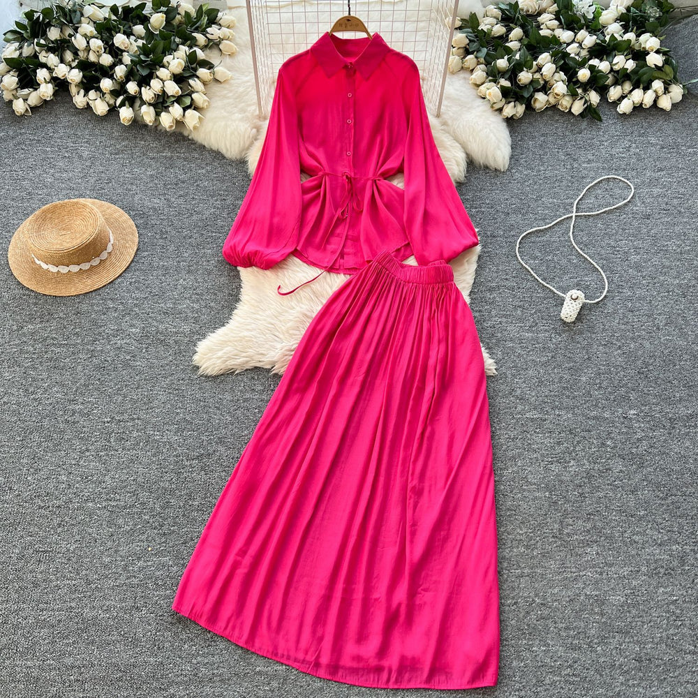Minimalist solid color elegant women's spring outfit: bubble sleeve tie-up blouse + elastic waist slimming midi skirt