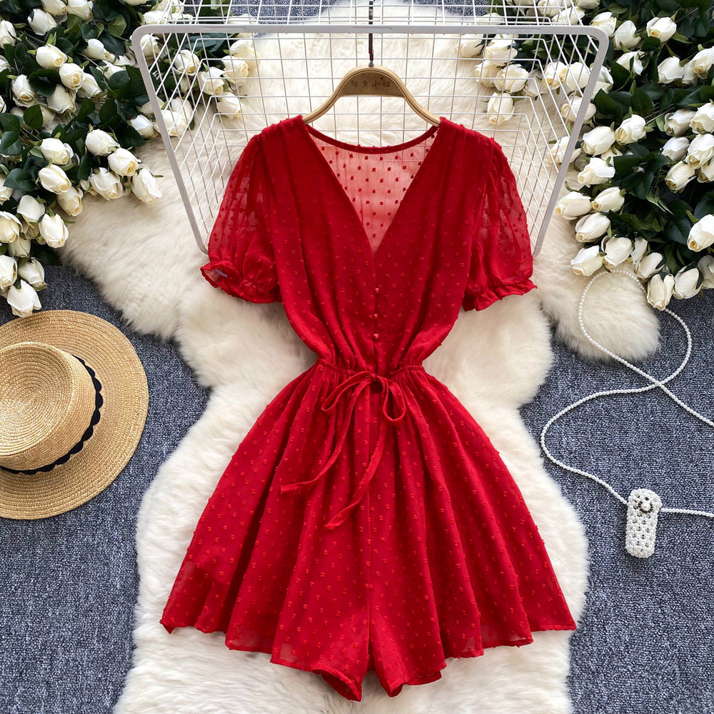 Women's jumpsuit beach vacation shorts summer new v-neck puff sleeve tie-waist versatile wide-leg shorts