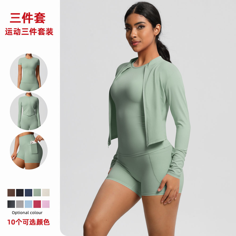 new cloud-feel quick-dry compression pocket shorts sports three-piece set pilates yoga running fitness outfit