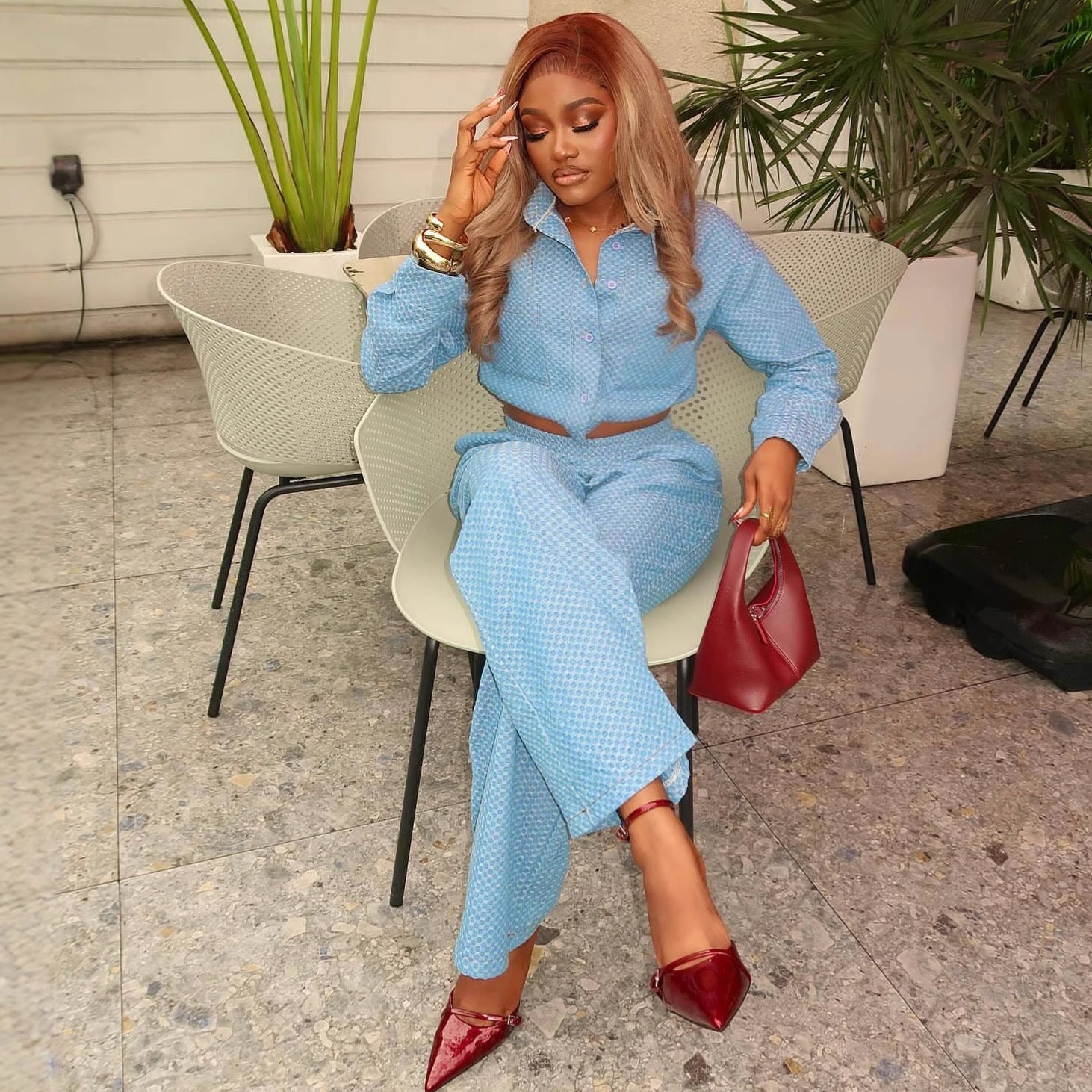 European and American large-size casual lapel collar long-sleeved polka dot cardigan shirt women's African new foreign-style high-waisted trousers two-piece set