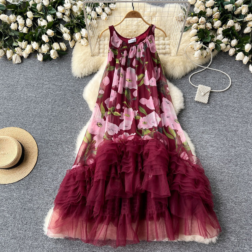 French retro court style fashionable printed patchwork mesh puffy irregular ruffle hem dress for women