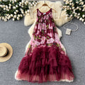 French retro court style fashionable printed patchwork mesh puffy irregular ruffle hem dress for women
