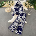 Trendy printed outfit set for women: winter casual zip-up hooded knit sweatshirt jacket with high-waisted, slimming wide-leg pants
