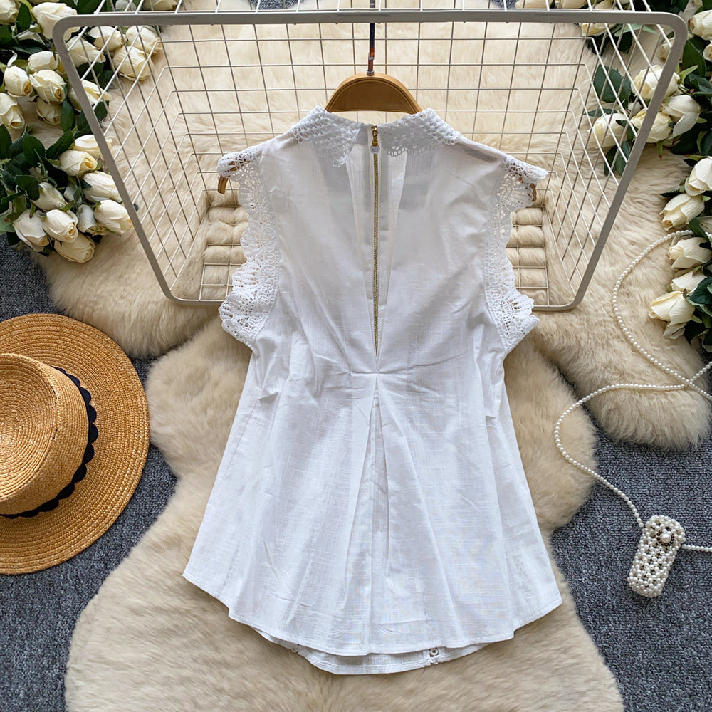 French chic white ruffle trim sleeveless blouse - women's summer, mature style, commute-friendly, age-defying, high-end elegant top