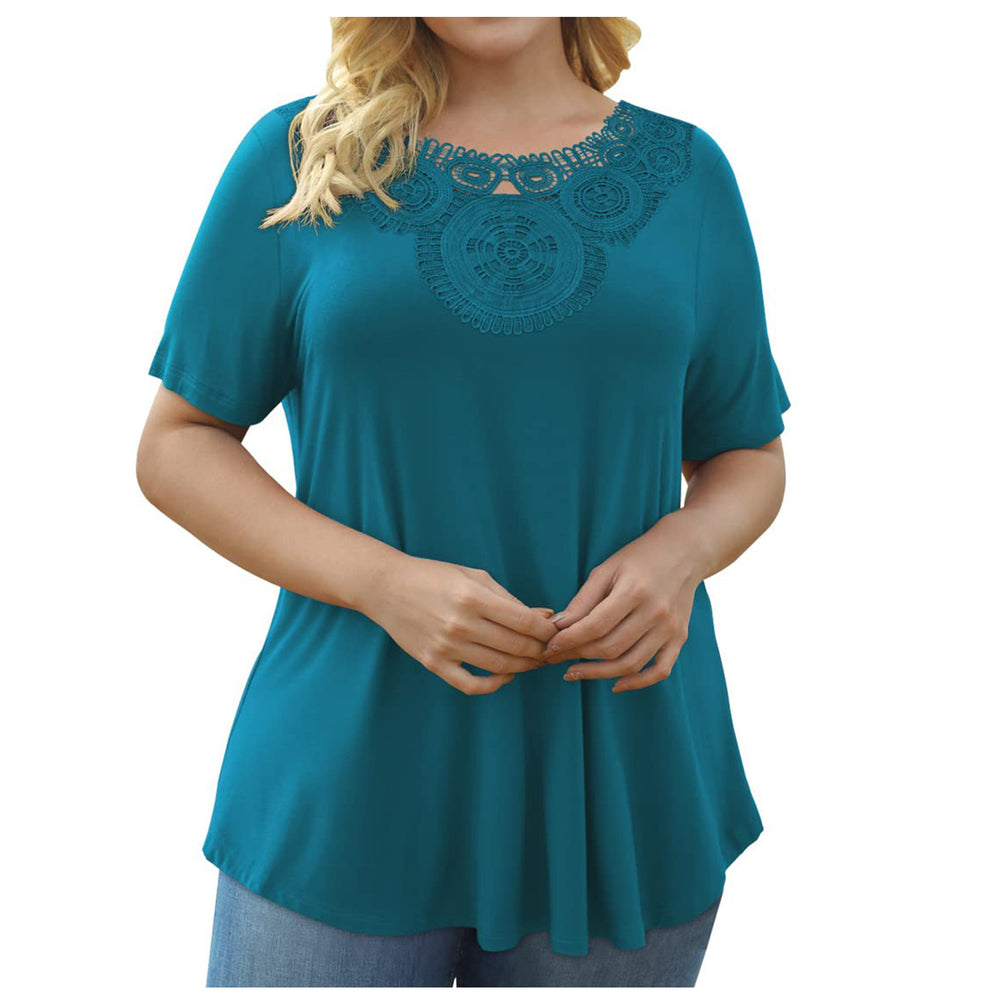 summer european and american cross-border new women's plus size short sleeve pullover lace pleated t-shirt with waist tie