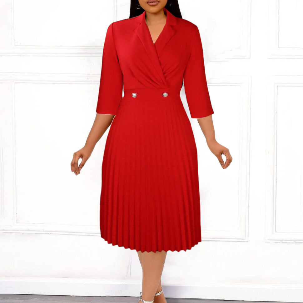 D3123 european and american women's clothing  autumn new arrival solid color elegant blazer collar pleated lapel export dress