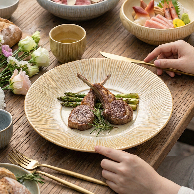 Vintage-inspired, rustic stoneware ceramic deep plate – perfect for restaurants and hotels. a high-end, visually appealing dish for desserts, soups, creative plating, steaks, and western cuisine