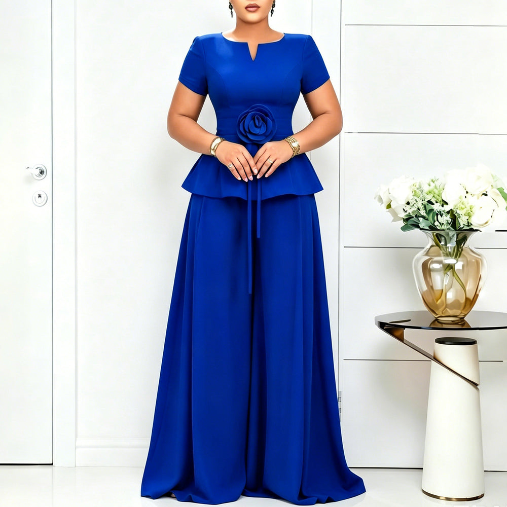 D3371 european and american cross-border summer elegant fashion plus size short sleeve ruffle top casual wide leg pants set