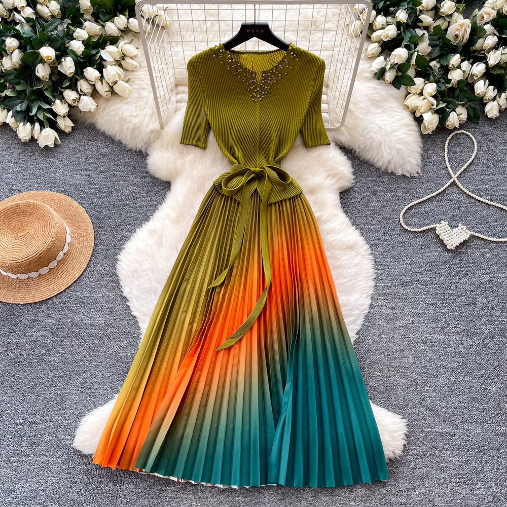 Elegant v-neck gradient color dress - women's summer korean style, slimming a-line pleated maxi dress with drape