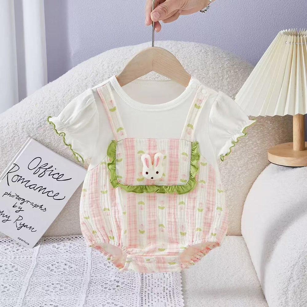 Girls' summer bodysuit new style korean style little rabbit baby girl thin clothes short sleeve chic children's clothing
