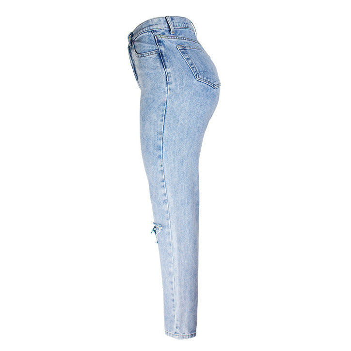 Amazon  jeans women's new arrival hot selling plaidcasual washed hole light color jeans