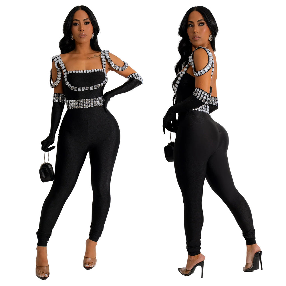 C7001 cross-border   independent station fashionfashion women's new style suspender hot diamond long jumpsuit