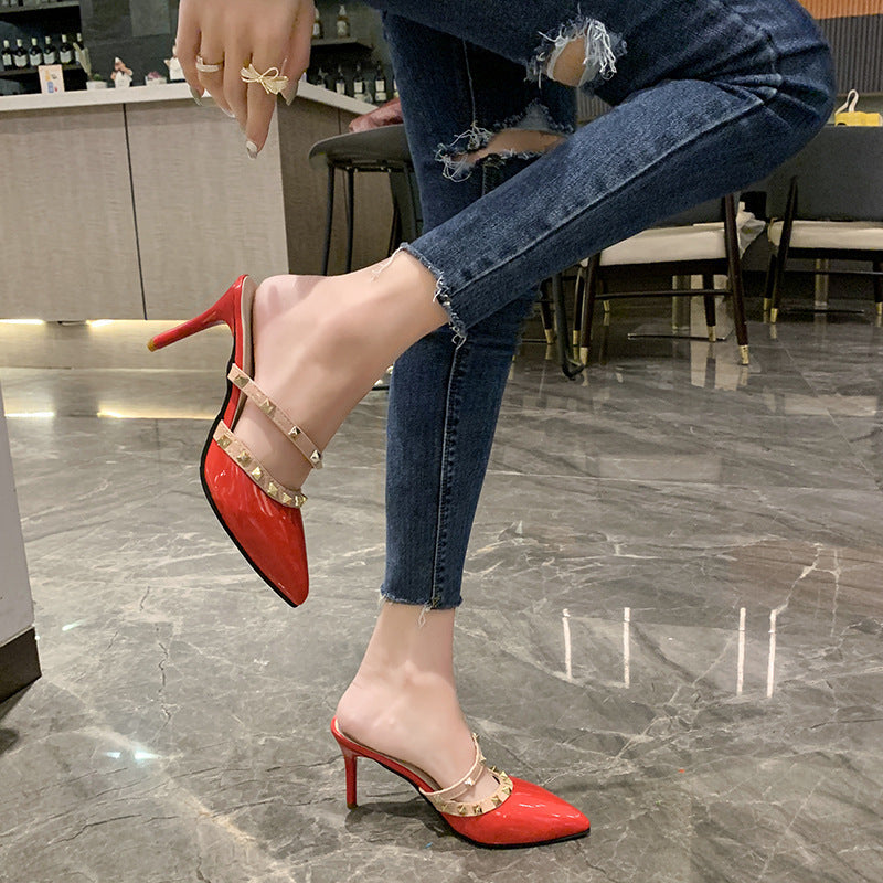 Summer new willow nails pointed head bag cool slippers women wear Internet celebrity half slippers stiletto