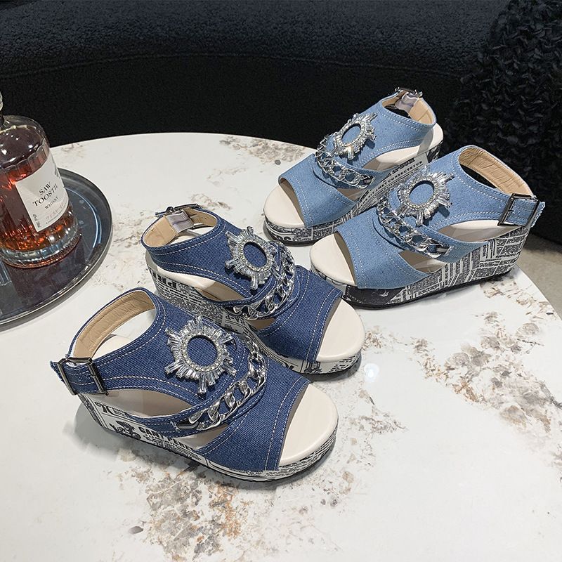 Plus size wedge heel denim peep-toe sandals -  new fashion, comfortable, versatile, rhinestone high heels for export
