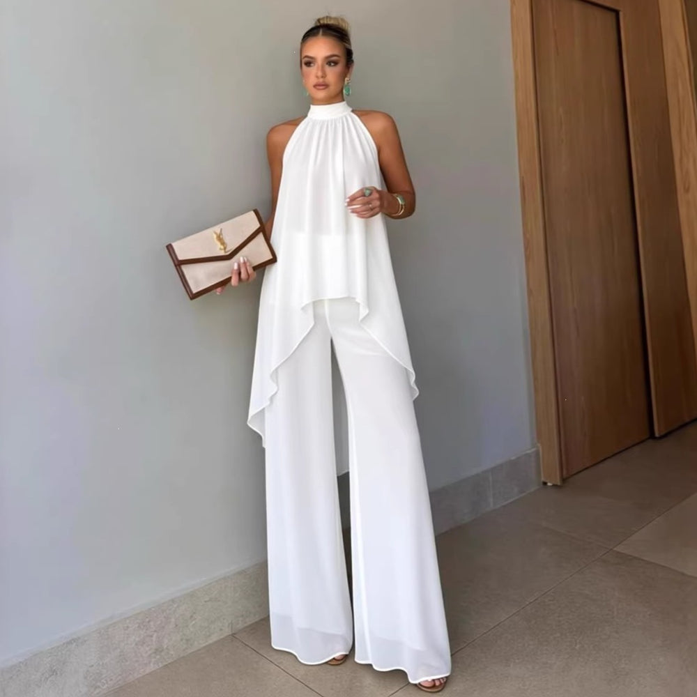 Independent station fashion cross-border  summer fashioncasual asymmetrical sleeveless elegantpure color pants suit women's clothing