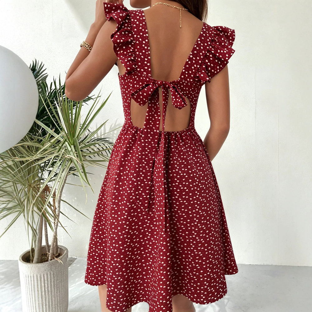 summernew arrival square collar heartdress flying sleeves waist slimming lookpetiteshigh waistshorta-line skirt