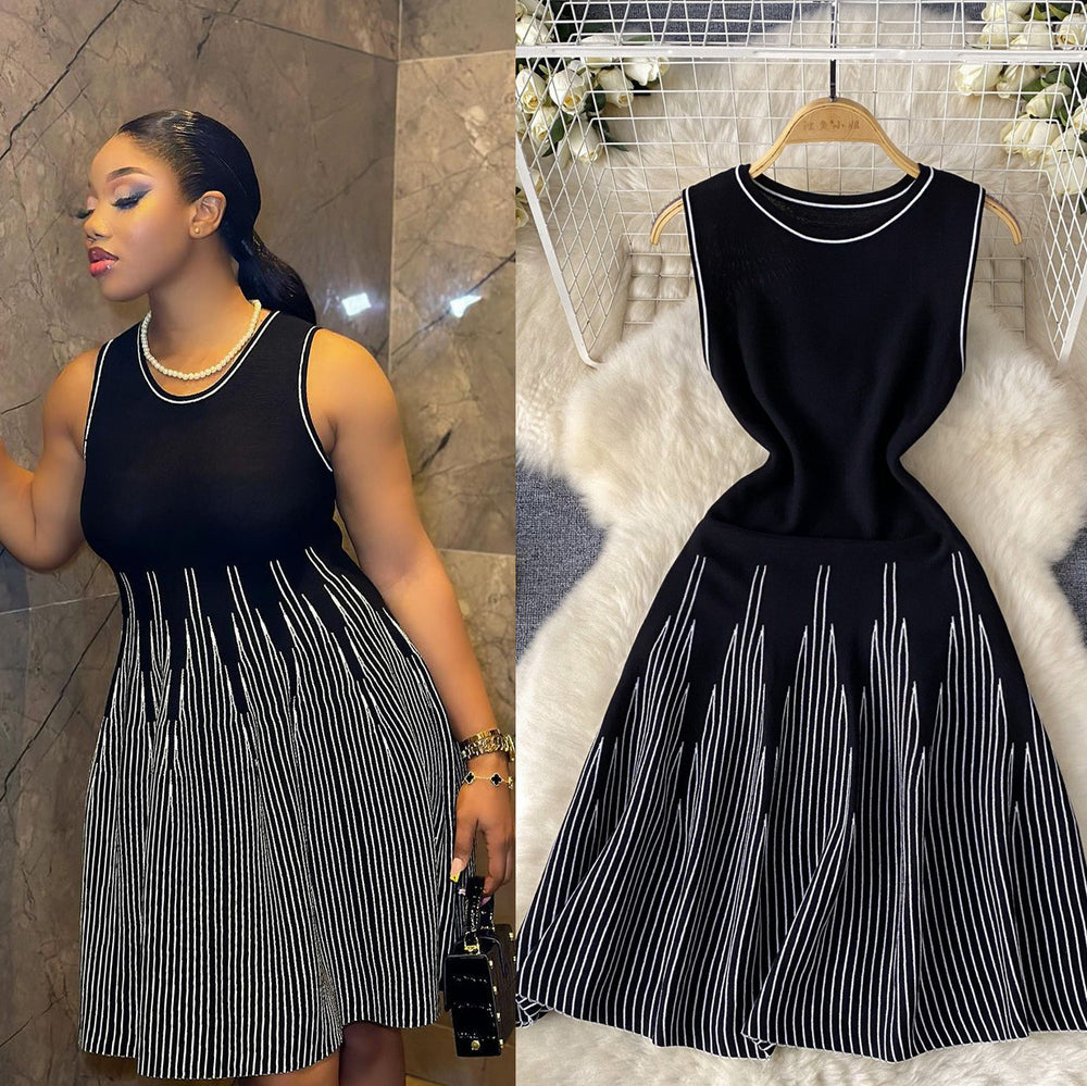 European and american style minimalist sleeveless crew neck striped knit dress - women's summer cinched waist design, unique fairy-inspired midi dress
