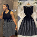 European and american style minimalist sleeveless crew neck striped knit dress - women's summer cinched waist design, unique fairy-inspired midi dress