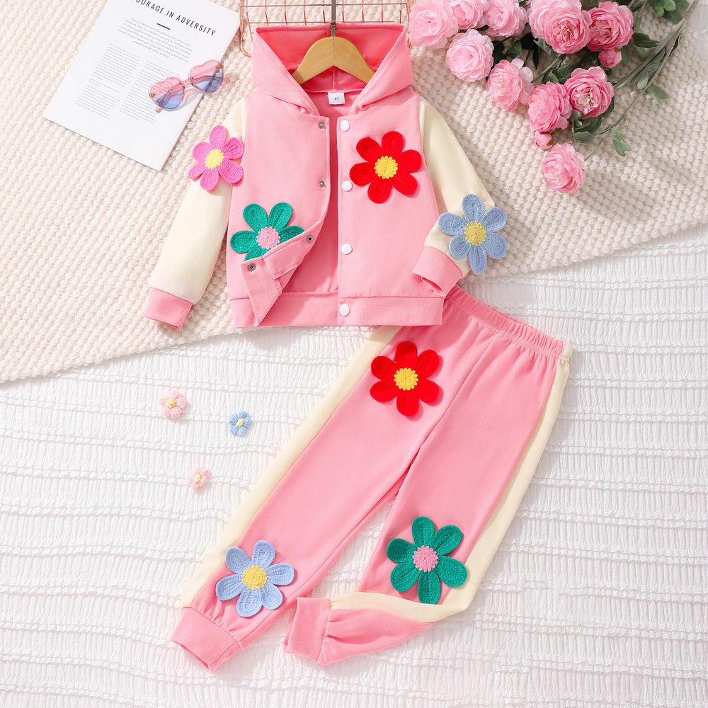 Two-piece set for young girls (elementary school age): 3d floral patchwork hooded long-sleeve sweatshirt set