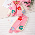 Two-piece set for young girls (elementary school age): 3d floral patchwork hooded long-sleeve sweatshirt set