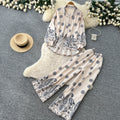 Retro ethnic style printingeleganttwo-piece set female autum puff sleeve polo collar silmloose pants royal sister suit