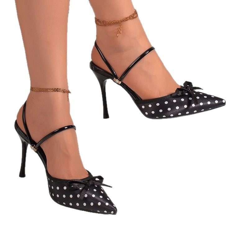 summer new polka dot pointed-toe high heel women's shoes - bow-tie closed-toe stiletto heel sandals & slippers - cross-border e-commerce