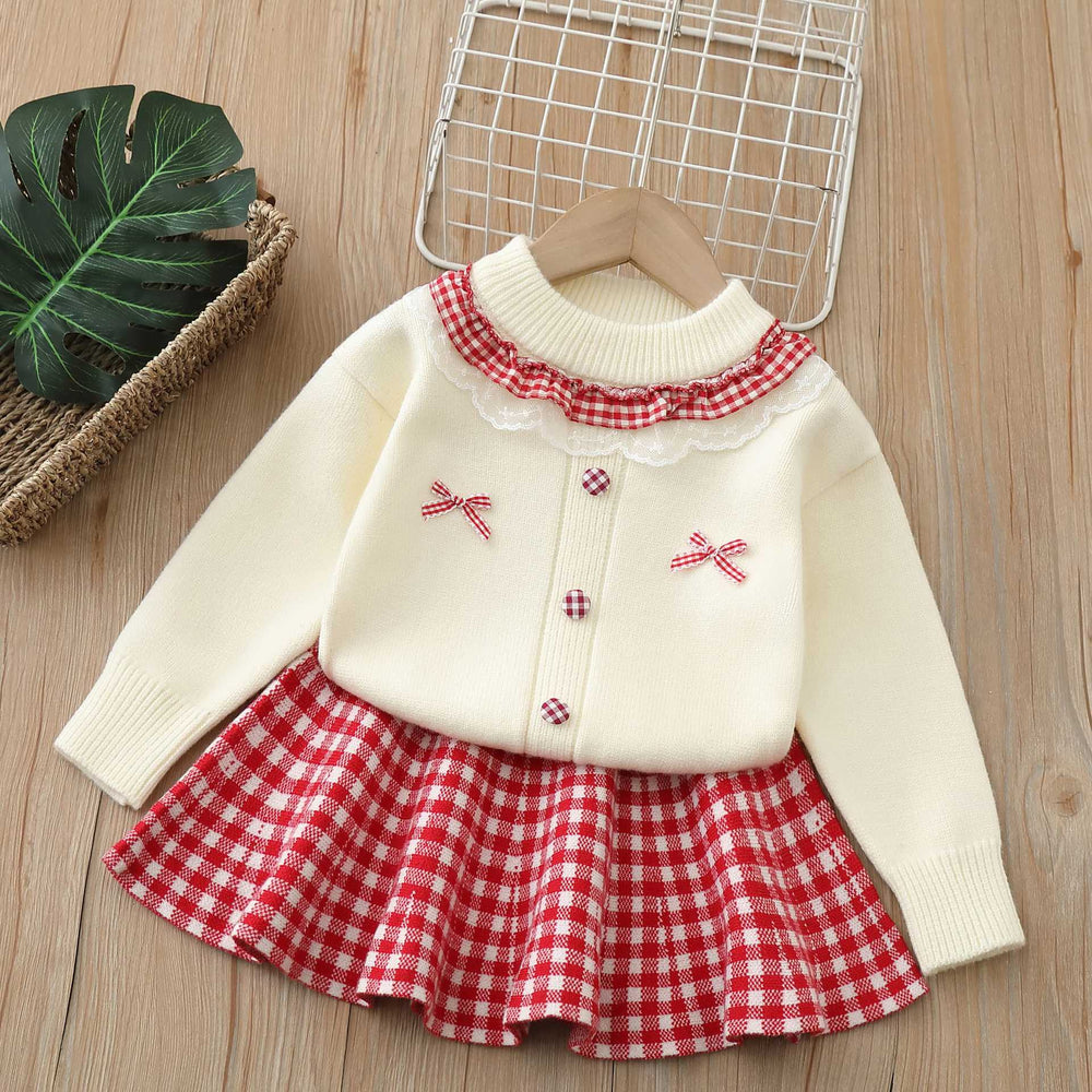 Girls' sweater set: new korean style, chic bow detail, fresh plaid mini skirt two-piece outfit