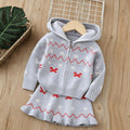 Girls' knitted outfit set -  christmas style hooded knit long sleeve zip-up cardigan jacket and skirt two-piece set