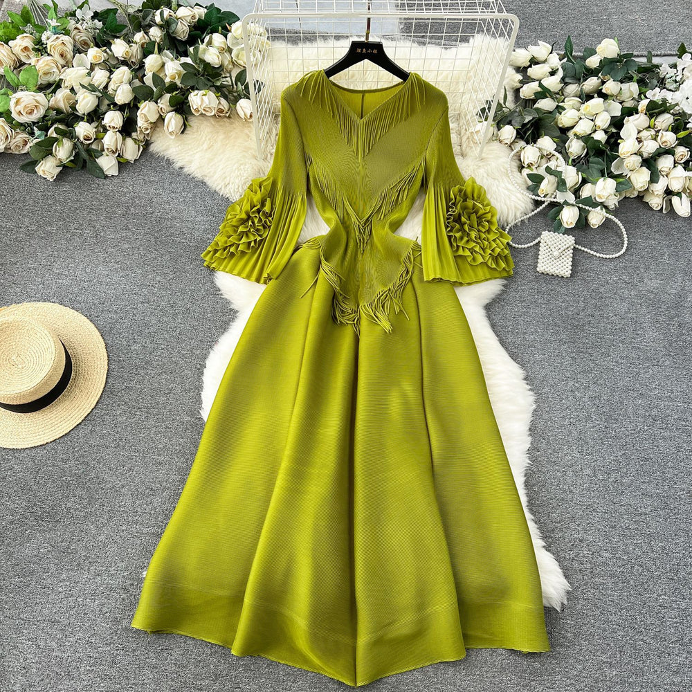 European court style women's dress - designer tassel v-neck slim fit maxi dress with miyake-inspired pleats and flared sleeves