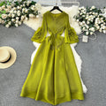 European court style women's dress - designer tassel v-neck slim fit maxi dress with miyake-inspired pleats and flared sleeves