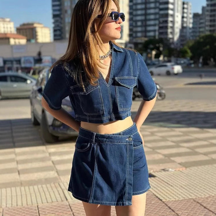Cross-border European and American wind speed sales, popular double-placket V-neck pullover short denim shirt, high-waisted denim culottes set