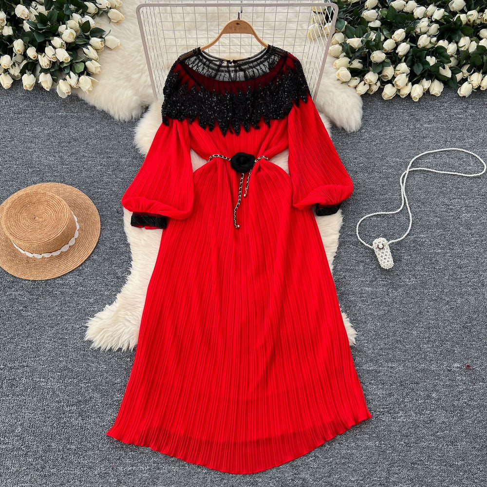 Autumn european and american retro court style heavy sequin embroidered long pleated puff sleeve dress women's pleated skirt