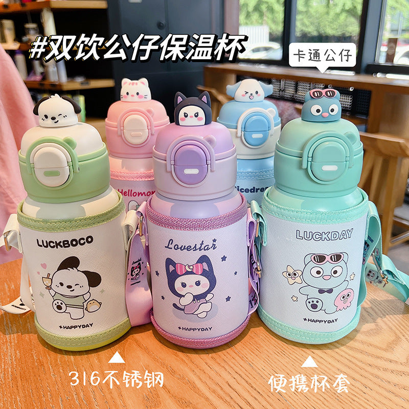 High-value 316 stainless steel food-grade cute cartoon double-drink straw water bottle gift for kids (plush toy design)