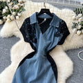 Sophisticated chic: handcrafted, diamond-accented lace patchwork polo collar denim mini dress - a unique summer staple