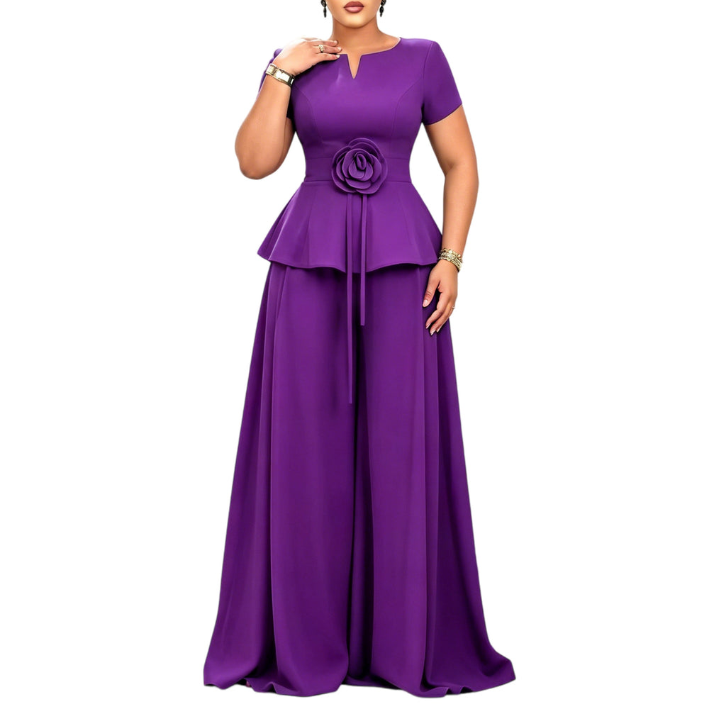 D3371 european and american cross-border summer elegant fashion plus size short sleeve ruffle top casual wide leg pants set