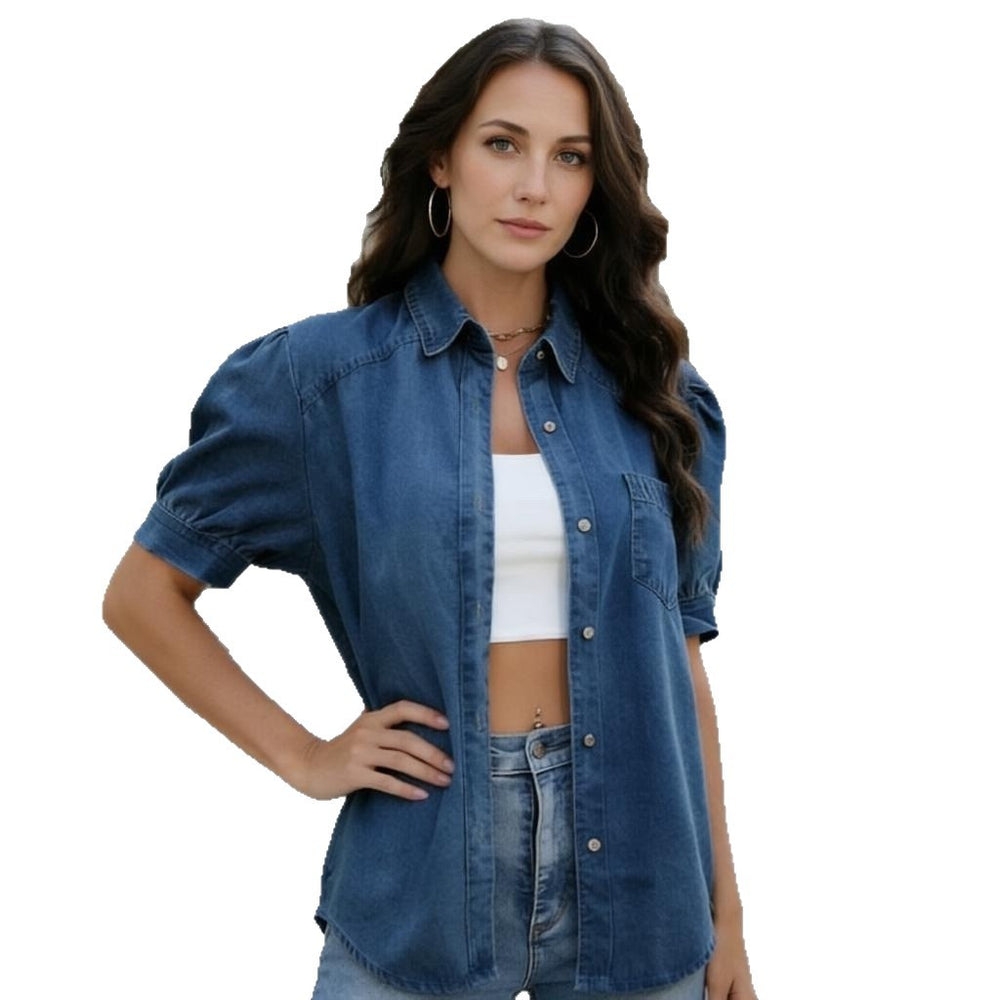 Amazon fashion cross-border hot-selling short-sleeved lapel thin denim shirt easiest for matchtrendyfashioncasualsummer
