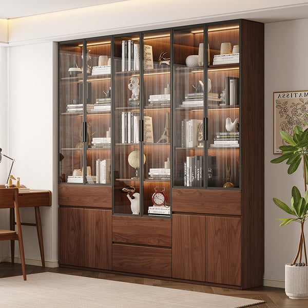 Medieval solid wood living room bookcase with aluminum alloy frame glass door storage cabinet study integrated wall display cabinet