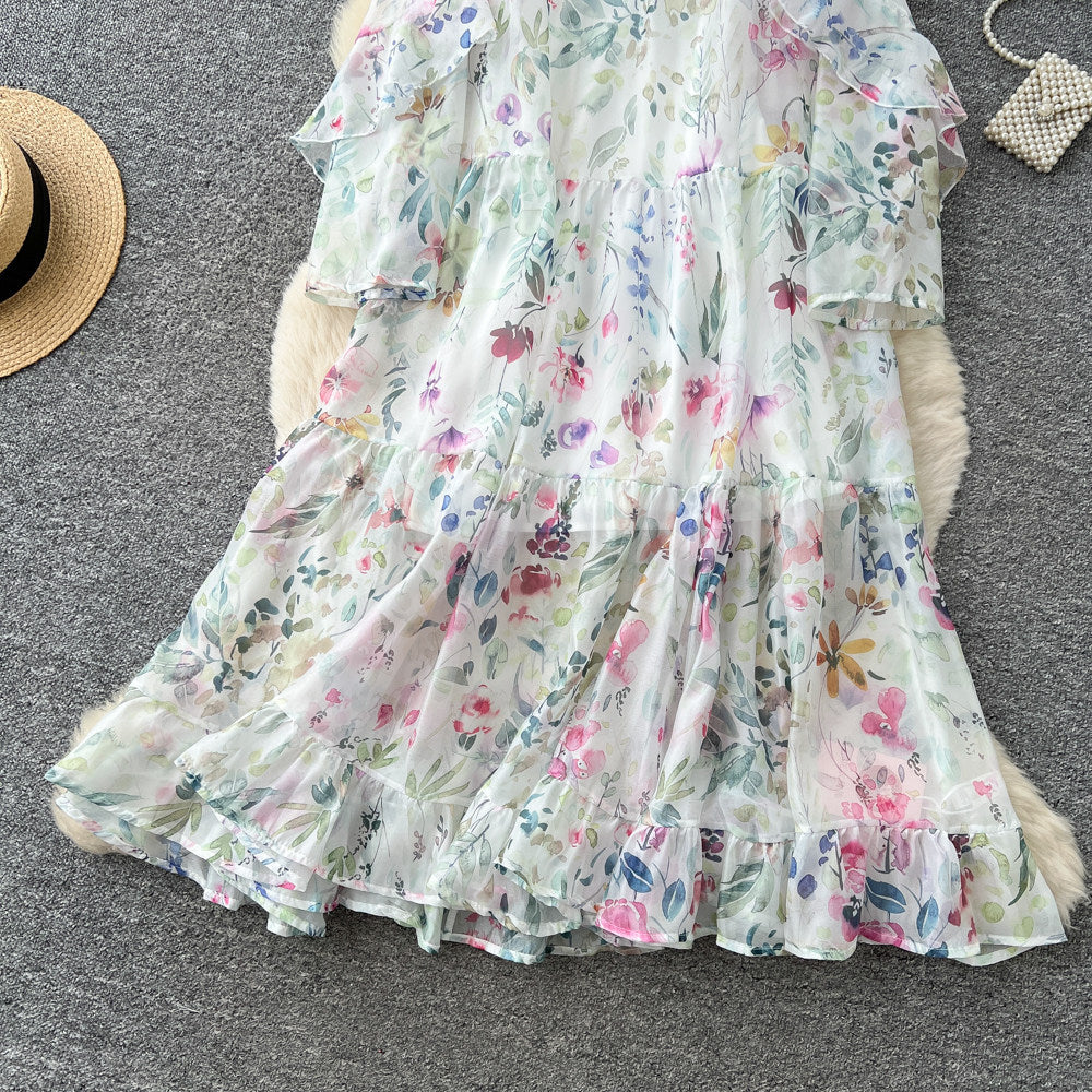 French chic white floral long sleeve dress - women's summer ruffle trim high waist, elegant, age-defying, vacation style