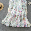 French chic white floral long sleeve dress - women's summer ruffle trim high waist, elegant, age-defying, vacation style