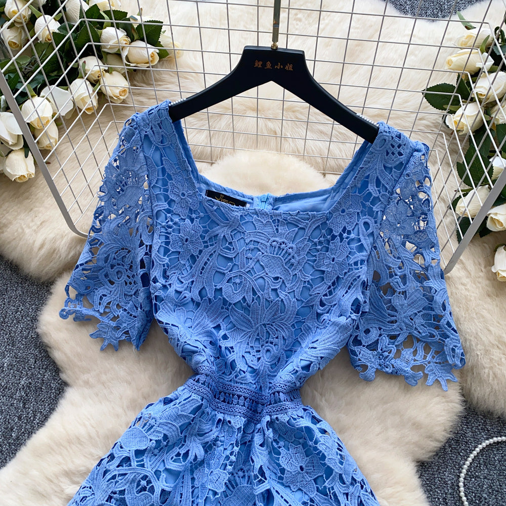summer french high-end women's formal dress - luxury intricate crochet lace short-sleeve fitted midi dress